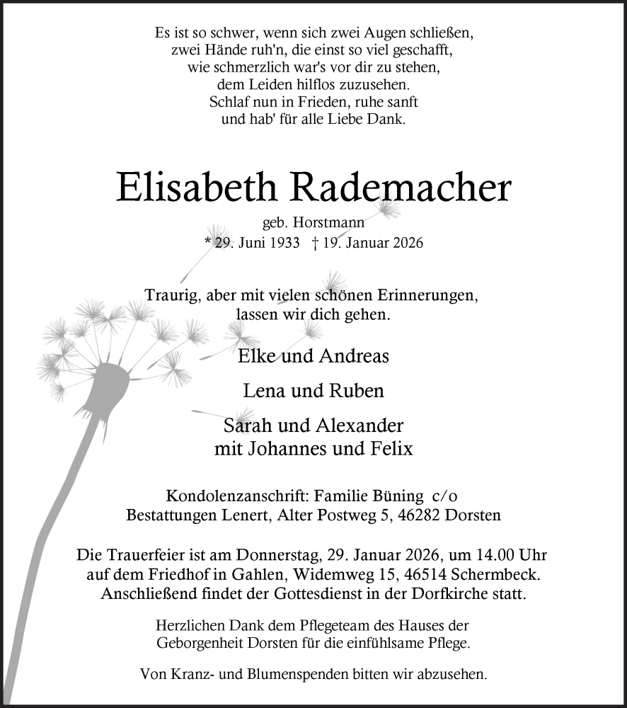 Traueranzeige für Elisabeth Rademacher vom 24.01.2026 aus Ruhr Nachrichten und Dorstener Zeitung