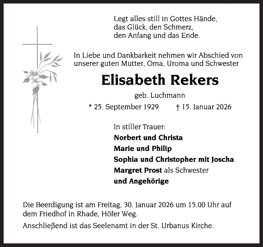  Traueranzeige für Elisabeth Rekers vom 24.01.2026 aus Ruhr Nachrichten und Dorstener Zeitung