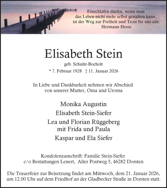 Traueranzeige von Elisabeth Stein von Ruhr Nachrichten und Dorstener Zeitung