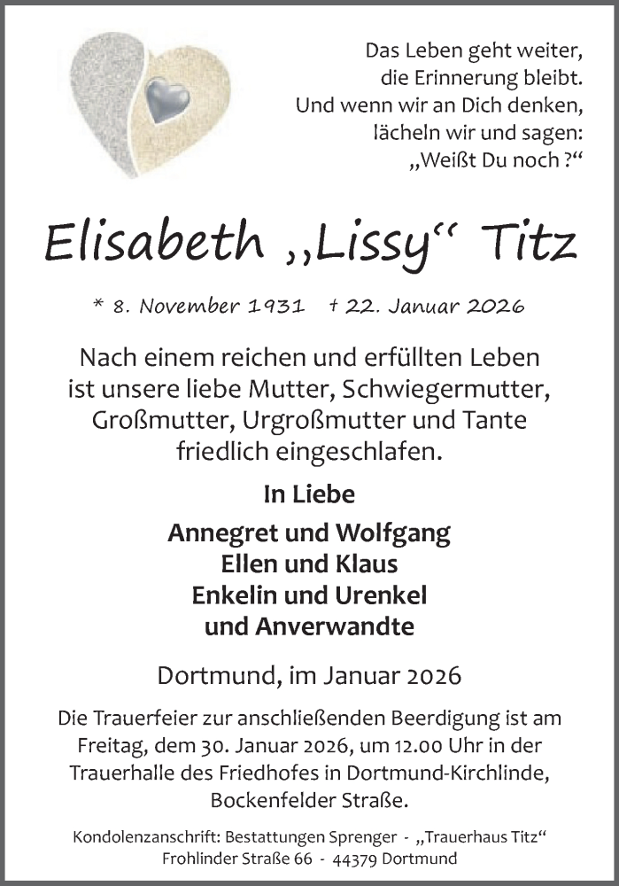  Traueranzeige für Elisabeth Titz vom 28.01.2026 aus Ruhr Nachrichten