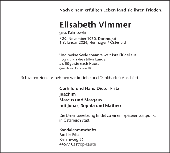 Traueranzeige von Elisabeth Vimmer von Stadtanzeiger Castrop-Rauxel