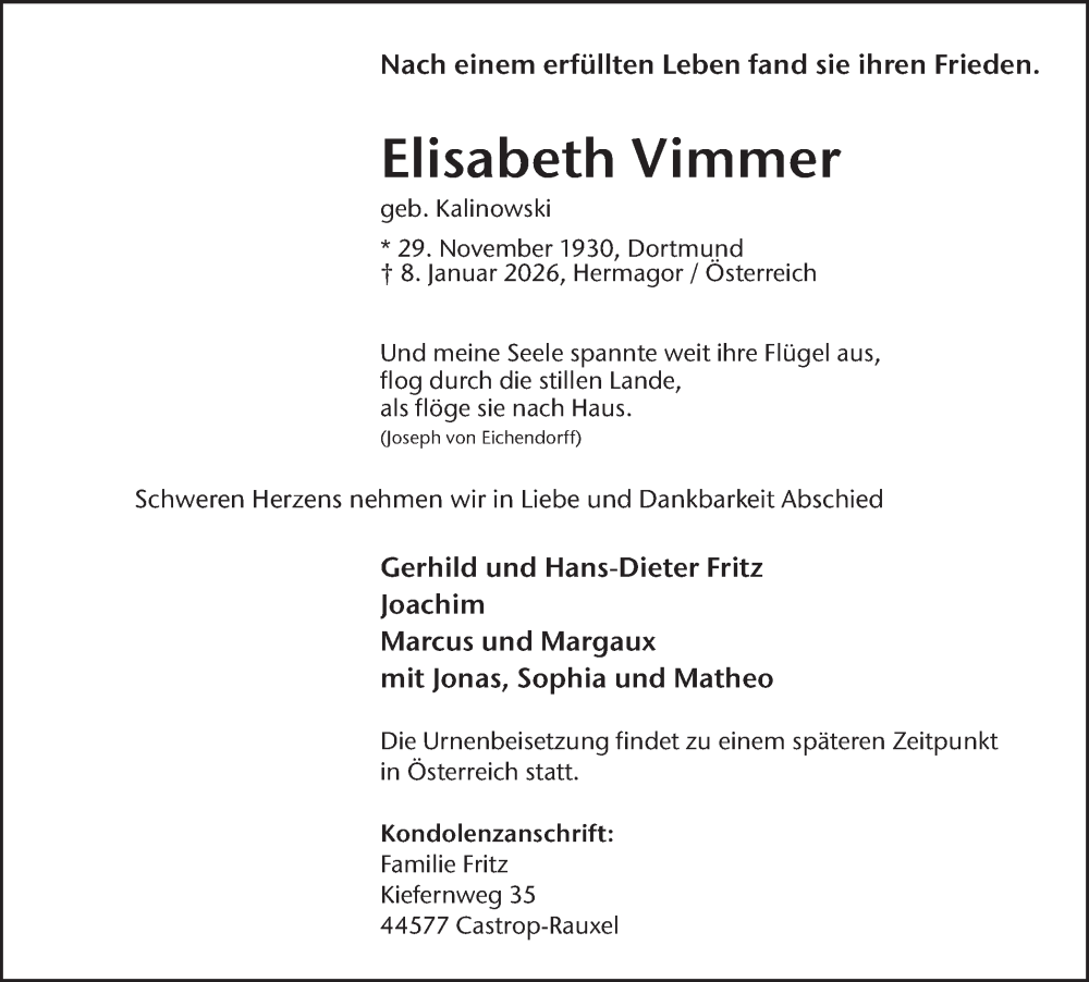  Traueranzeige für Elisabeth Vimmer vom 17.01.2026 aus Stadtanzeiger Castrop-Rauxel
