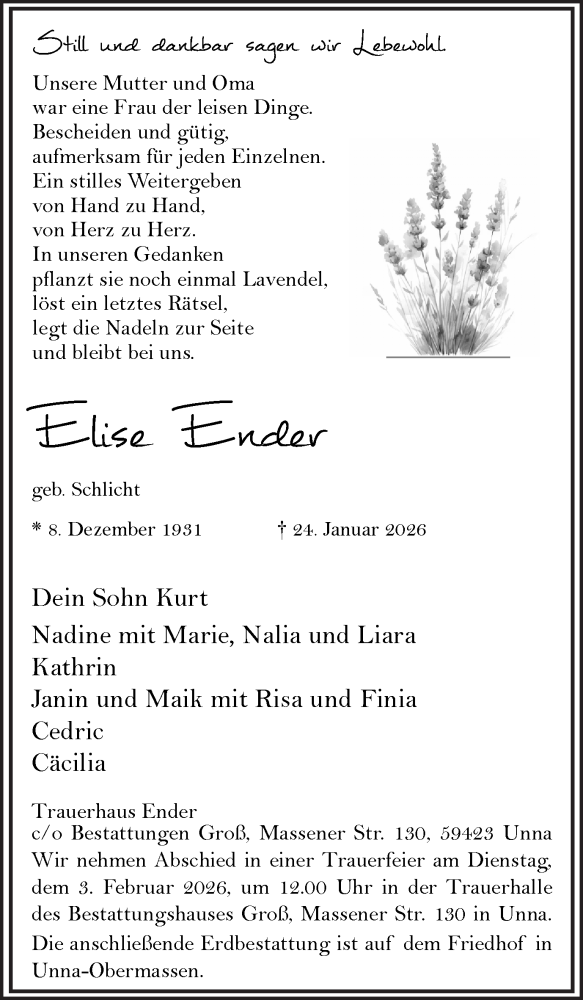  Traueranzeige für Elise Ender vom 28.01.2026 aus Hellweger Anzeiger