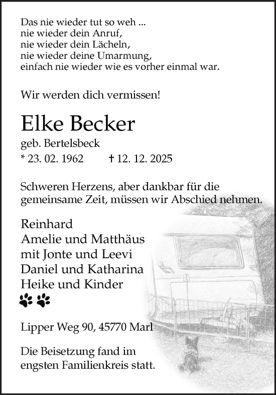 Traueranzeige von Elke Becker von Ruhr Nachrichten und Dorstener Zeitung