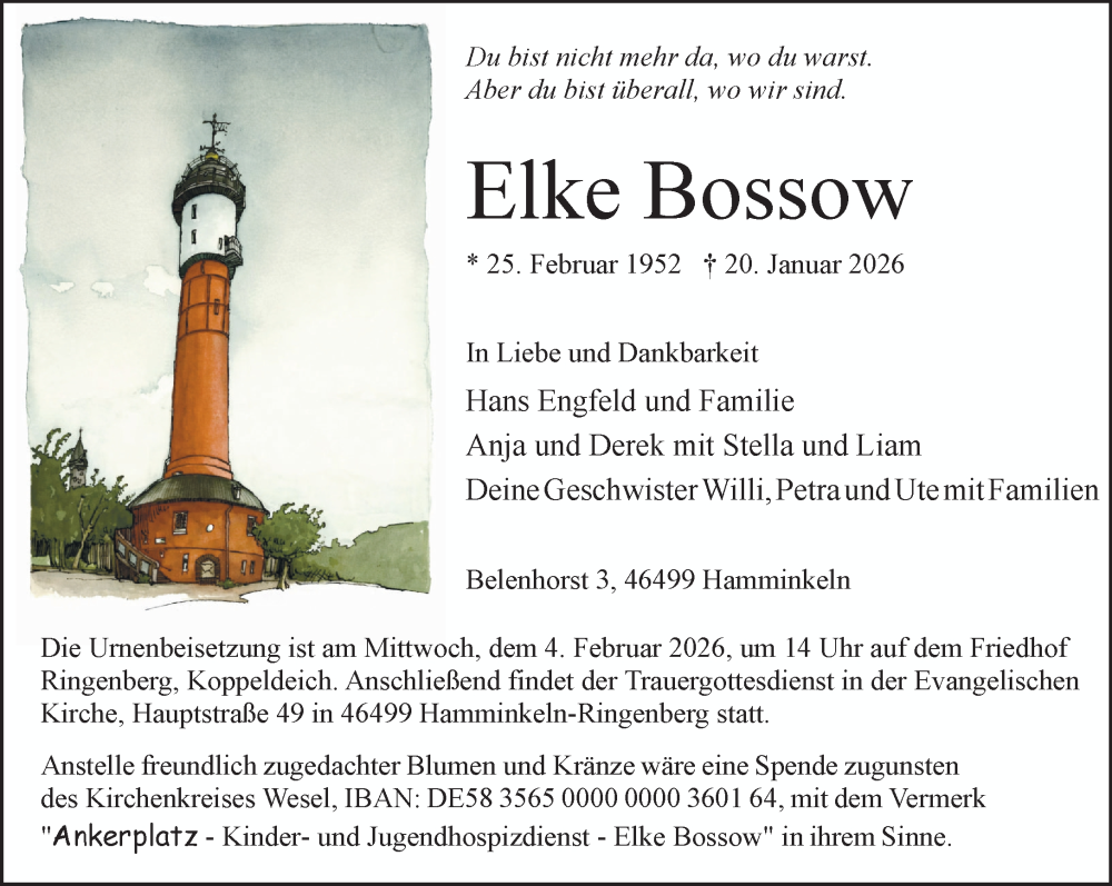  Traueranzeige für Elke Bossow vom 31.01.2026 aus 