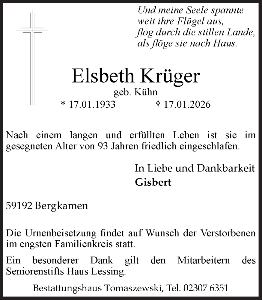  Traueranzeige für Elsbeth Krüger vom 24.01.2026 aus Hellweger Anzeiger
