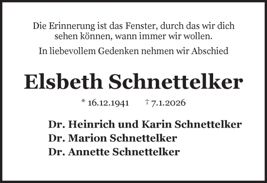Traueranzeige von Elsbeth Schnettelker von Ruhr Nachrichten
