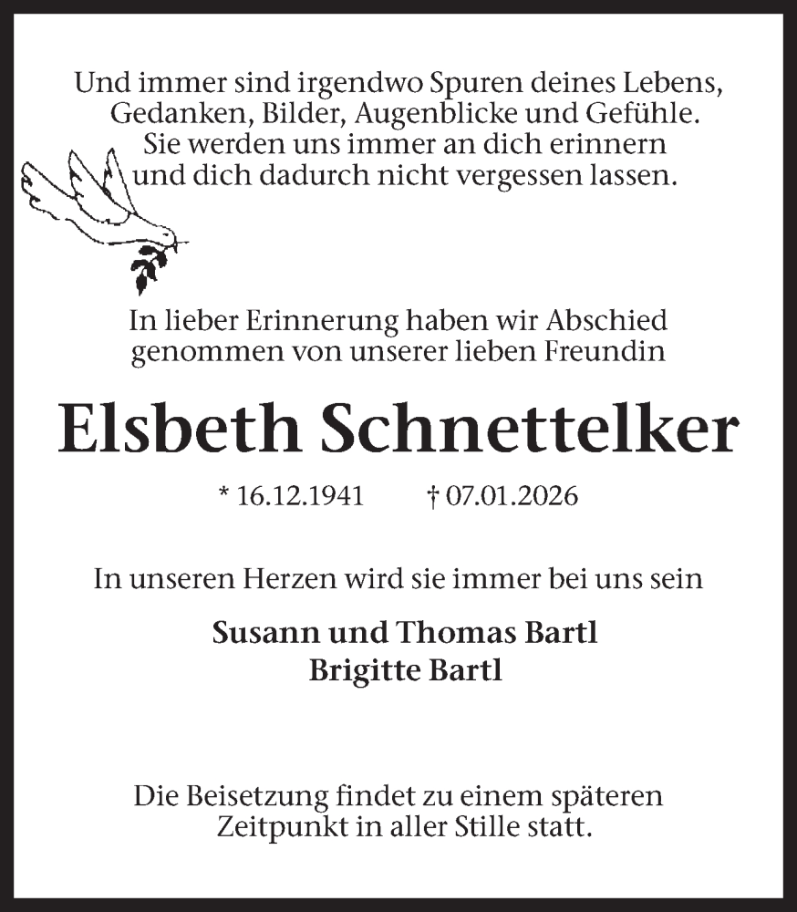  Traueranzeige für Elsbeth Schnettelker vom 17.01.2026 aus Ruhr Nachrichten