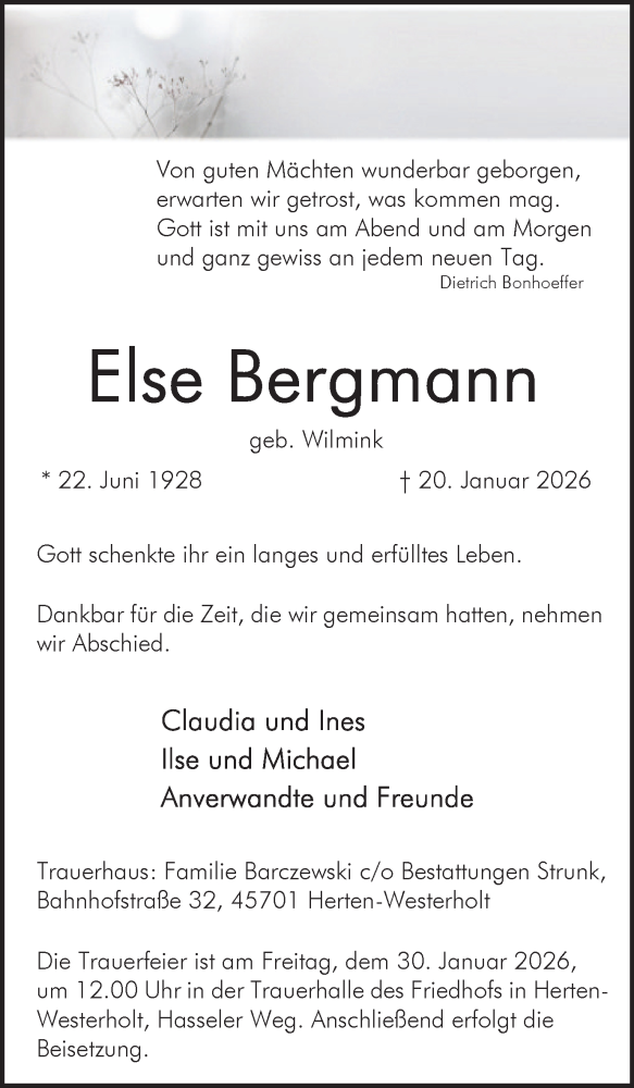  Traueranzeige für Else Bergmann vom 28.01.2026 aus Trauer Vest