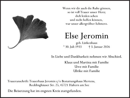 Traueranzeige von Else Jeromin von Ruhr Nachrichten und Halterner Zeitung