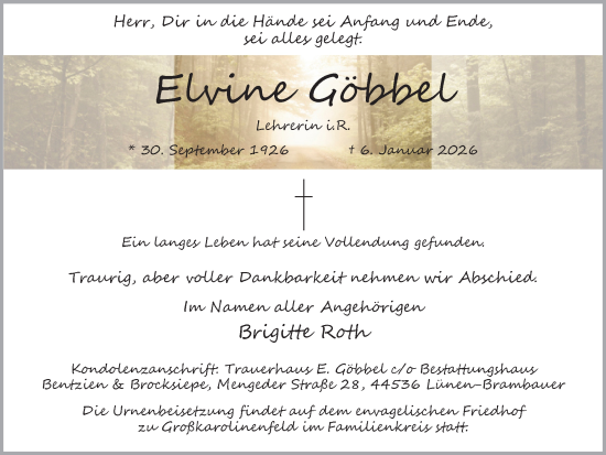 Traueranzeige von Elvine Göbbel von Ruhr Nachrichten
