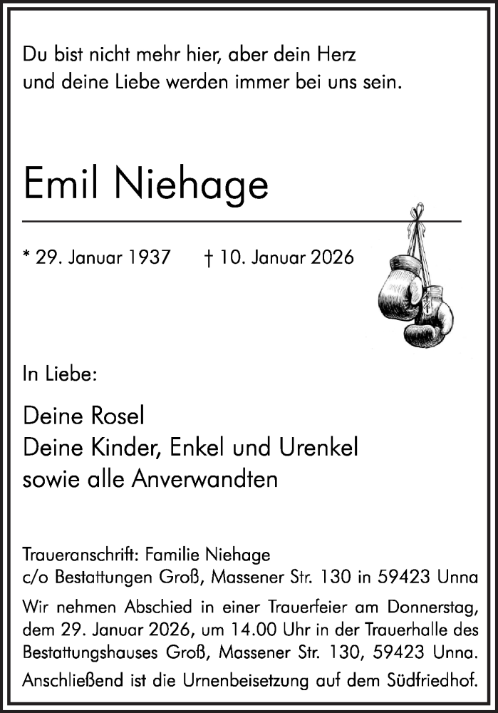  Traueranzeige für Emil Niehage vom 14.01.2026 aus Hellweger Anzeiger