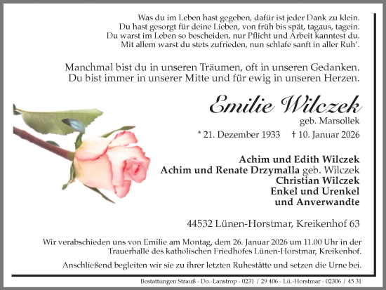 Traueranzeige von Emilie Wilczek von Lüner Anzeiger