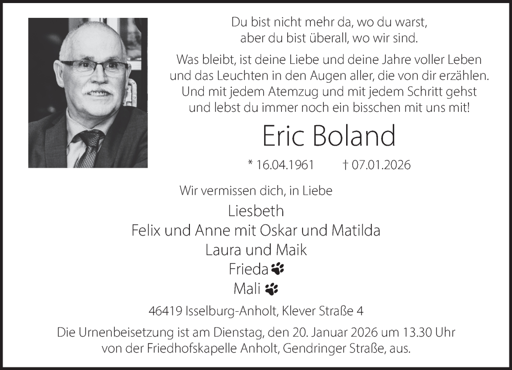  Traueranzeige für Eric Boland vom 16.01.2026 aus 