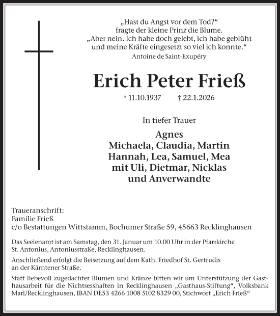Traueranzeige von Erich Peter Frieß von Trauer Vest