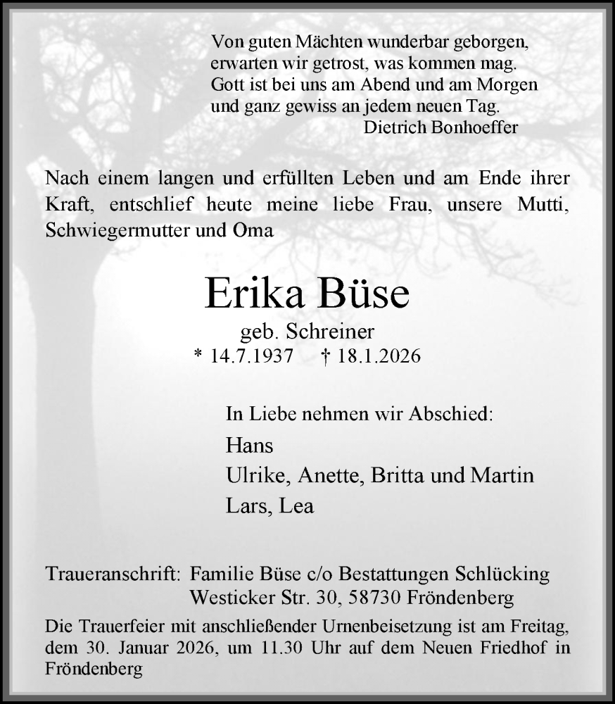  Traueranzeige für Erika Büse vom 24.01.2026 aus Hellweger Anzeiger