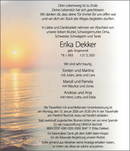 Traueranzeige von Erika Dekker 