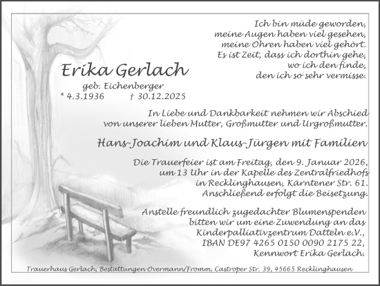 Traueranzeige von Erika Gerlach von Trauer Vest