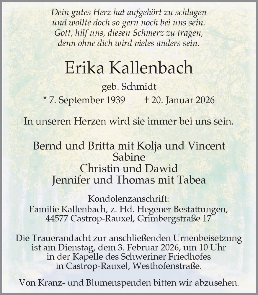  Traueranzeige für Erika Kallenbach vom 24.01.2026 aus Trauer Vest