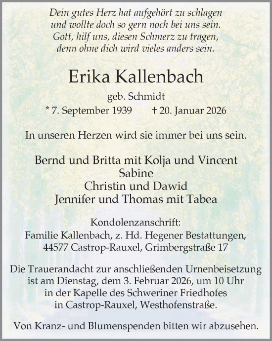 Traueranzeige von Erika Kallenbach von Stadtanzeiger Castrop-Rauxel
