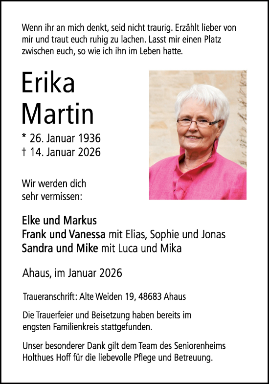 Traueranzeige von Erika Martin von Münsterland Zeitung