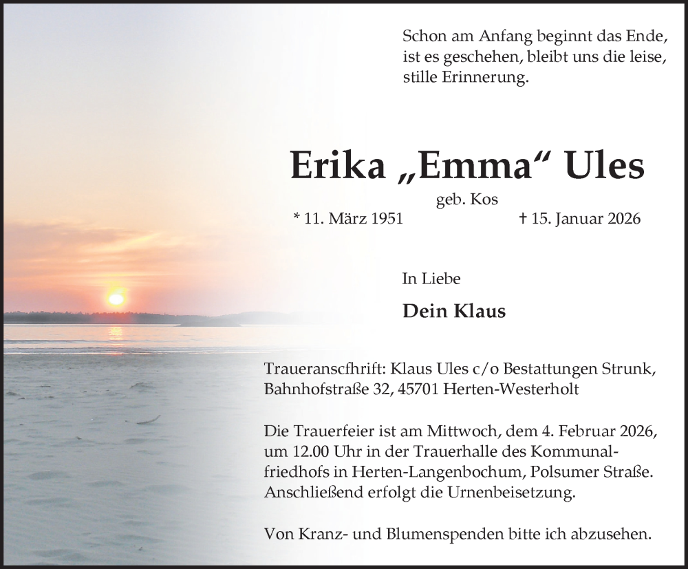  Traueranzeige für Erika Ules vom 28.01.2026 aus Trauer Vest