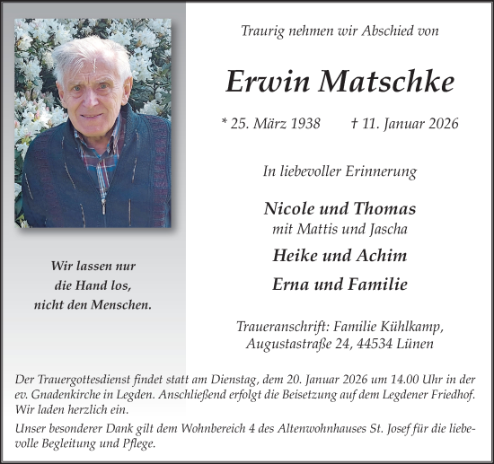 Traueranzeige von Erwin Matschke von Münsterland Zeitung