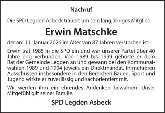 Traueranzeige von Erwin Matschke von Münsterland Zeitung