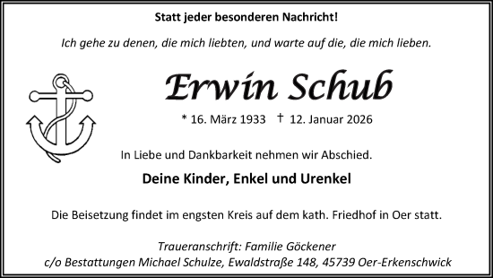 Traueranzeige von Erwin Schub von Trauer Vest