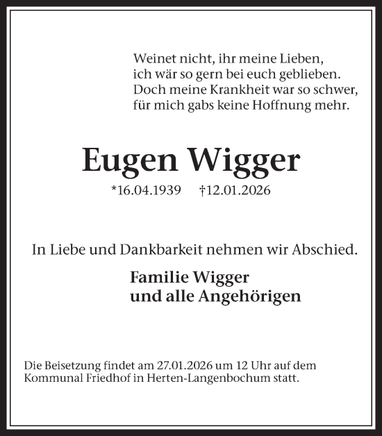 Traueranzeige von Eugen Wigger von Trauer Vest