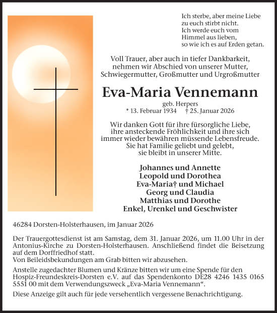 Traueranzeige von Eva-Maria Vennemann von Ruhr Nachrichten und Dorstener Zeitung