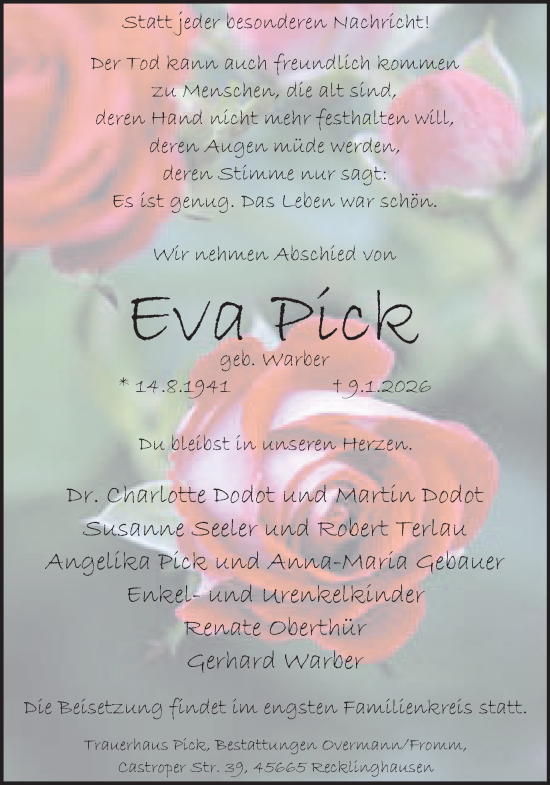 Traueranzeige von Eva Pick von Trauer Vest