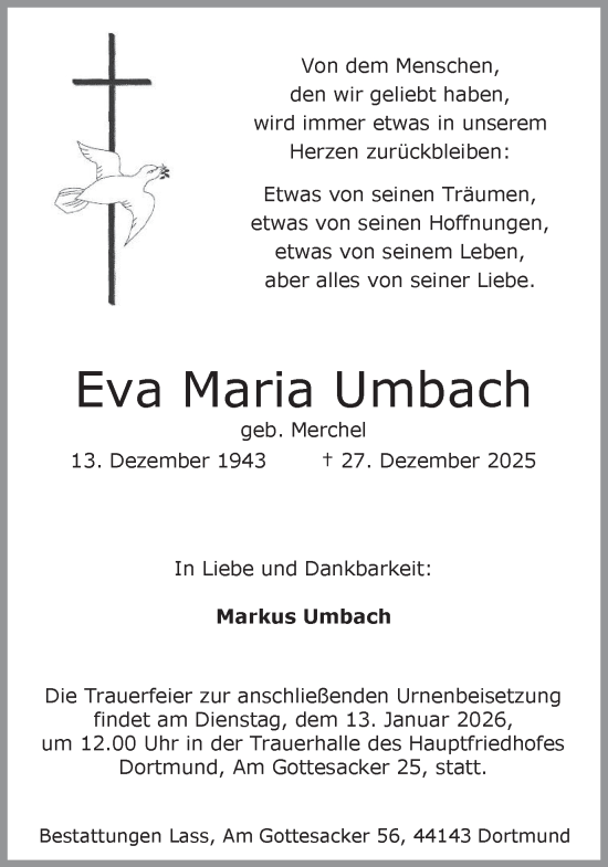 Traueranzeige von Eva Maria Umbach von Ruhr Nachrichten