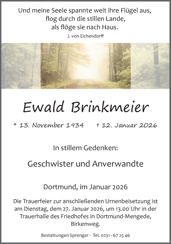 Traueranzeige von Ewald Brinkmeier von Ruhr Nachrichten