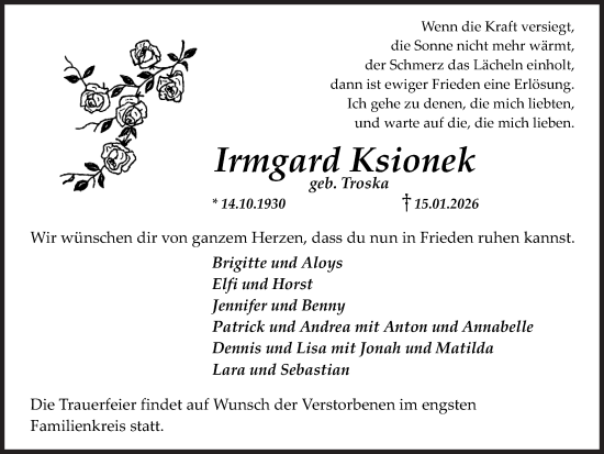 Traueranzeige von Irmgard  Ksionek  von Medienhaus Bauer
