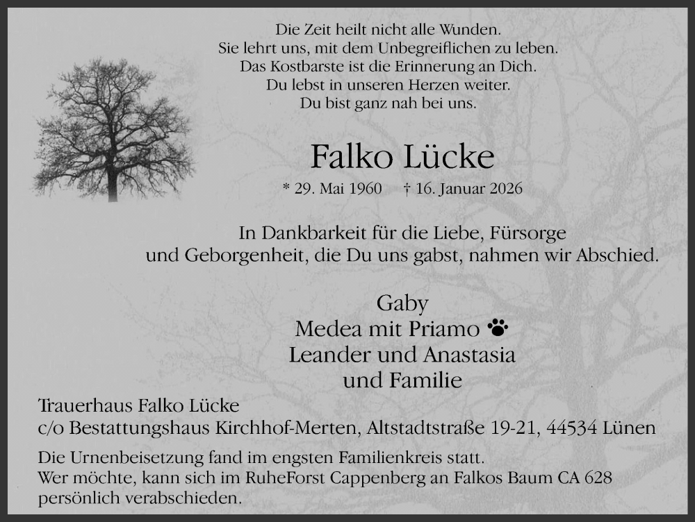  Traueranzeige für Falko Lücke vom 31.01.2026 aus Lüner Anzeiger