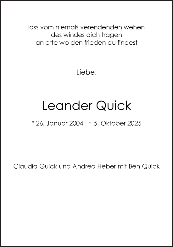 Traueranzeige von Leander Quick von Ruhr Nachrichten