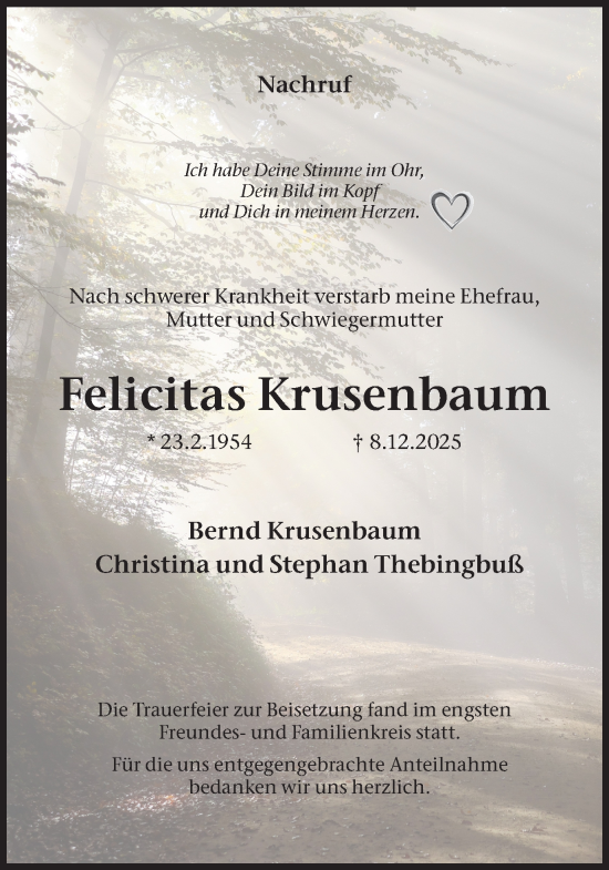 Traueranzeige von Felicitas Krusenbaum von Ruhr Nachrichten