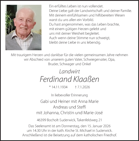 Traueranzeige von Ferdinand Klaaßen 