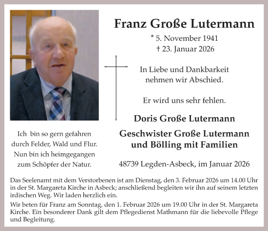 Traueranzeige von Franz Große Lutermann von Münsterland Zeitung