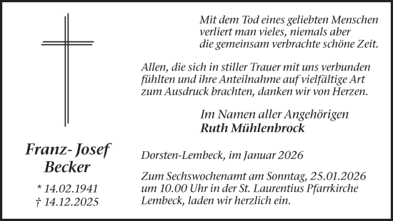 Traueranzeige von Franz-Josef Becker von Ruhr Nachrichten und Dorstener Zeitung