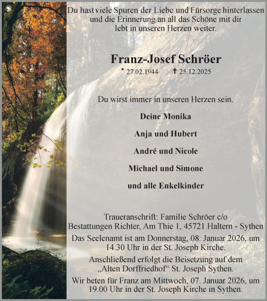 Traueranzeige von Franz-Josef Schröer von Ruhr Nachrichten und Halterner Zeitung
