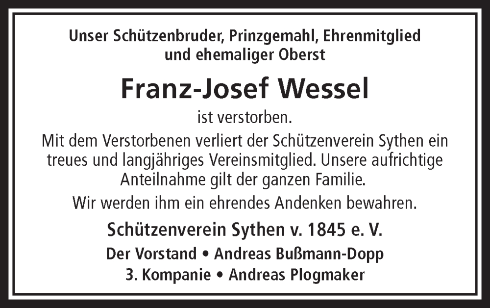  Traueranzeige für Franz-Josef Wessel vom 29.01.2026 aus Ruhr Nachrichten und Halterner Zeitung