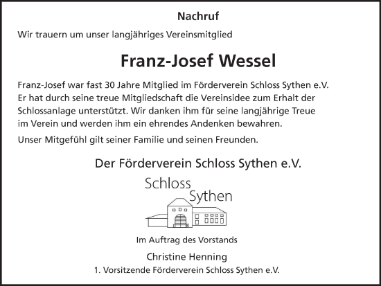 Traueranzeige von Franz-Josef Wessel von Ruhr Nachrichten und Halterner Zeitung