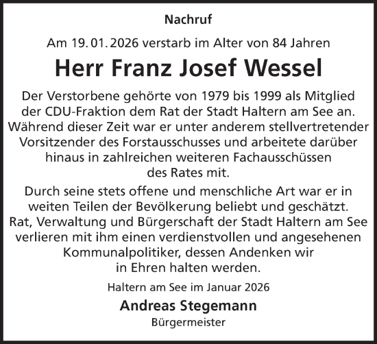 Traueranzeige von Franz-Josef Wessel von Ruhr Nachrichten und Halterner Zeitung
