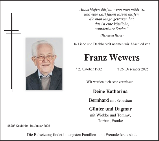 Traueranzeige von Franz Wewers von Münsterland Zeitung