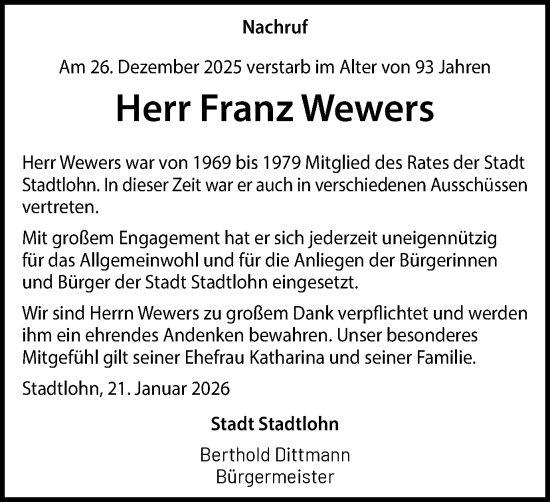 Traueranzeige von Franz Wewers von Münsterland Zeitung