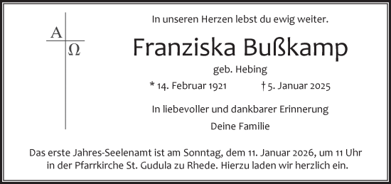 Traueranzeige von Franziska Bußkamp 