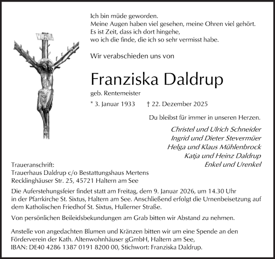 Traueranzeige von Franziska Daldrup von Ruhr Nachrichten und Halterner Zeitung