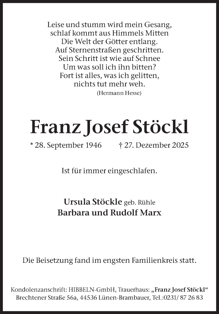  Traueranzeige für Franz Josef Stöckl vom 17.01.2026 aus Lüner Anzeiger